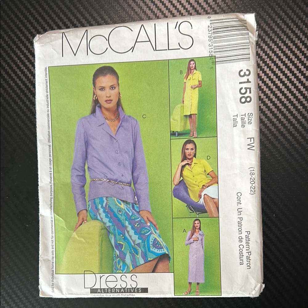 McCall's Dress shirt skirt matching tie sewing Pattern 3158- Sz 18, 20, 22 Y2K